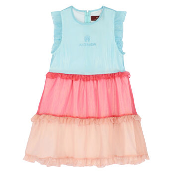 Girls Pink Organza Logo Dress