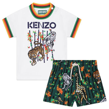 Younger Boys White & Green Logo Shorts Set