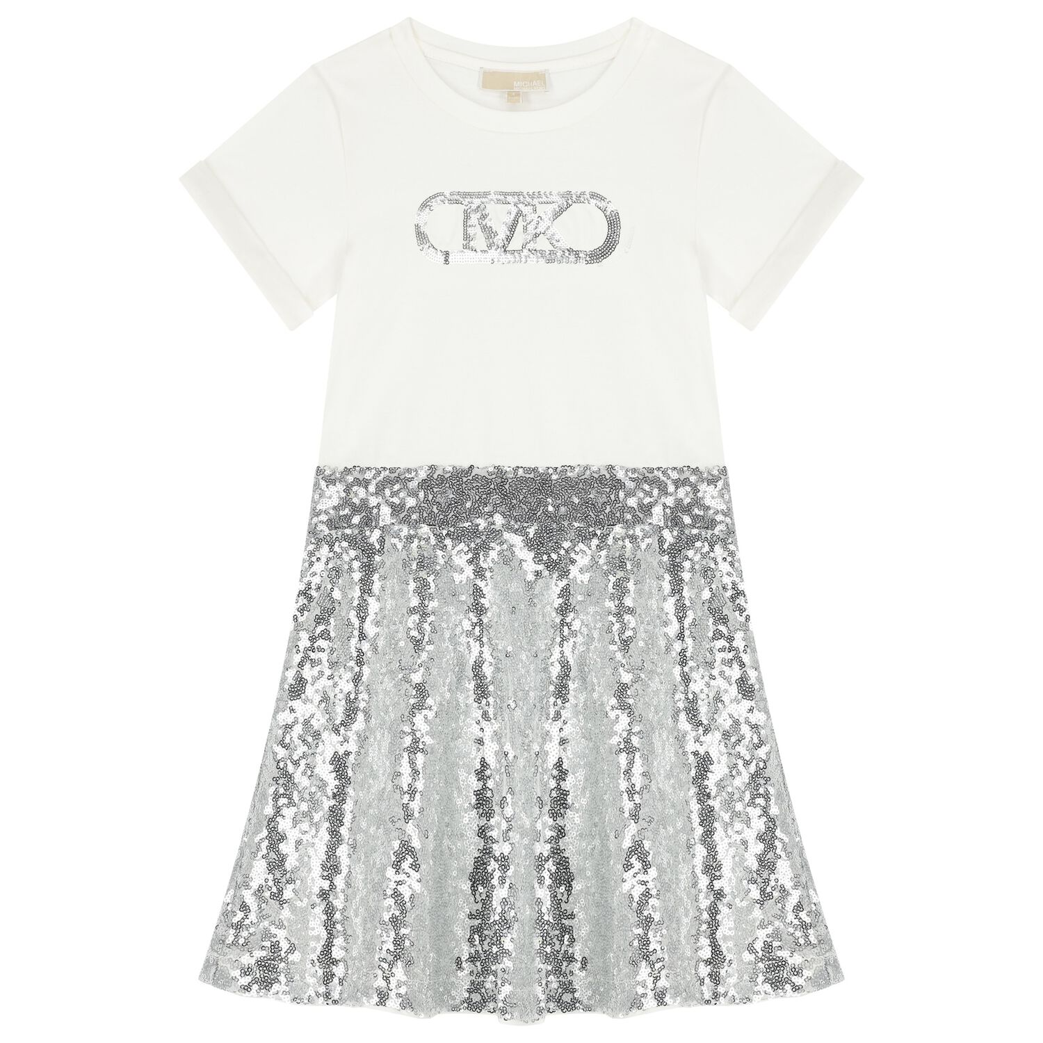 Girls Ivory & Silver Sequin Logo Embellished Dress, 1, hi-res image number null