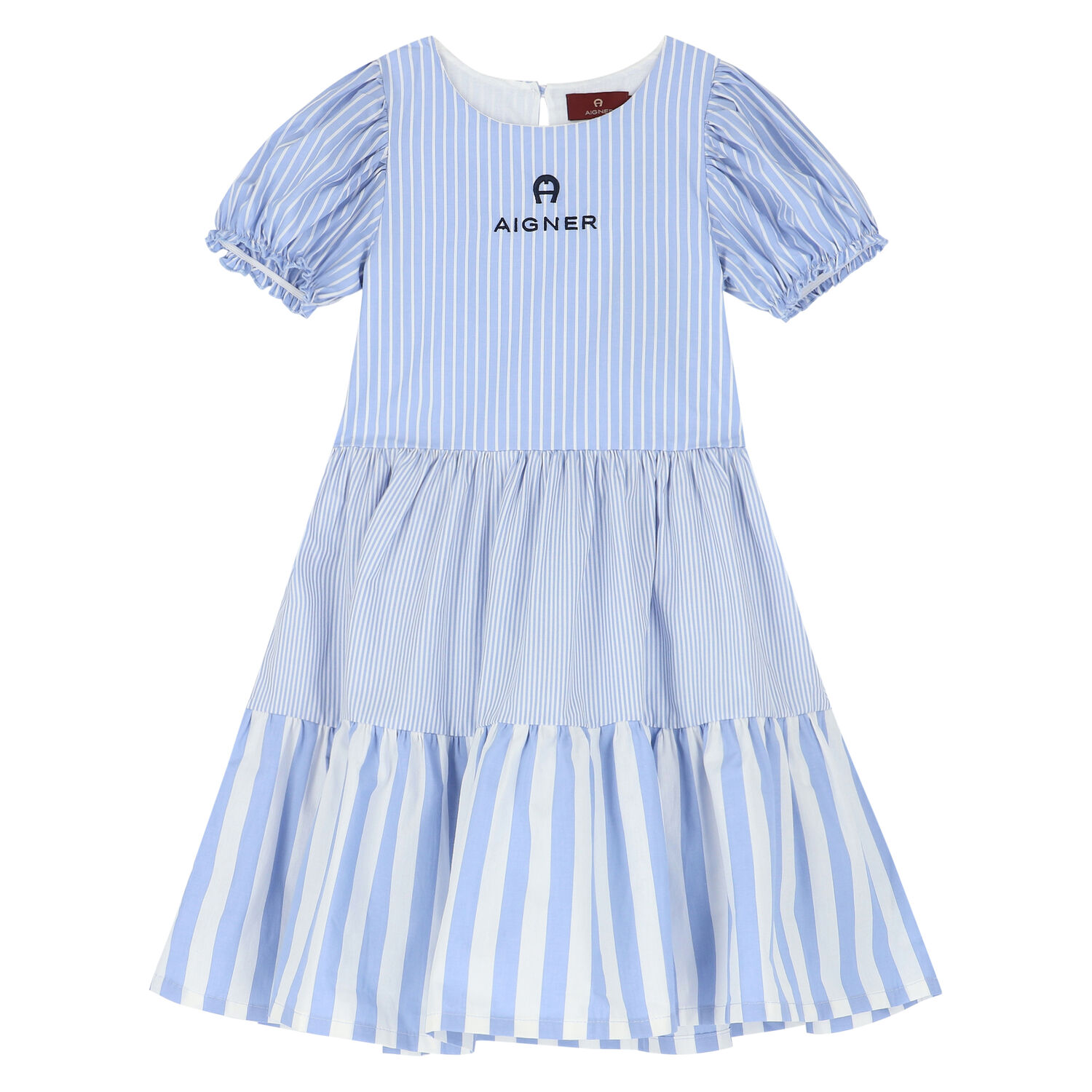 Girls Blue & White Striped Logo Dress, 1, hi-res