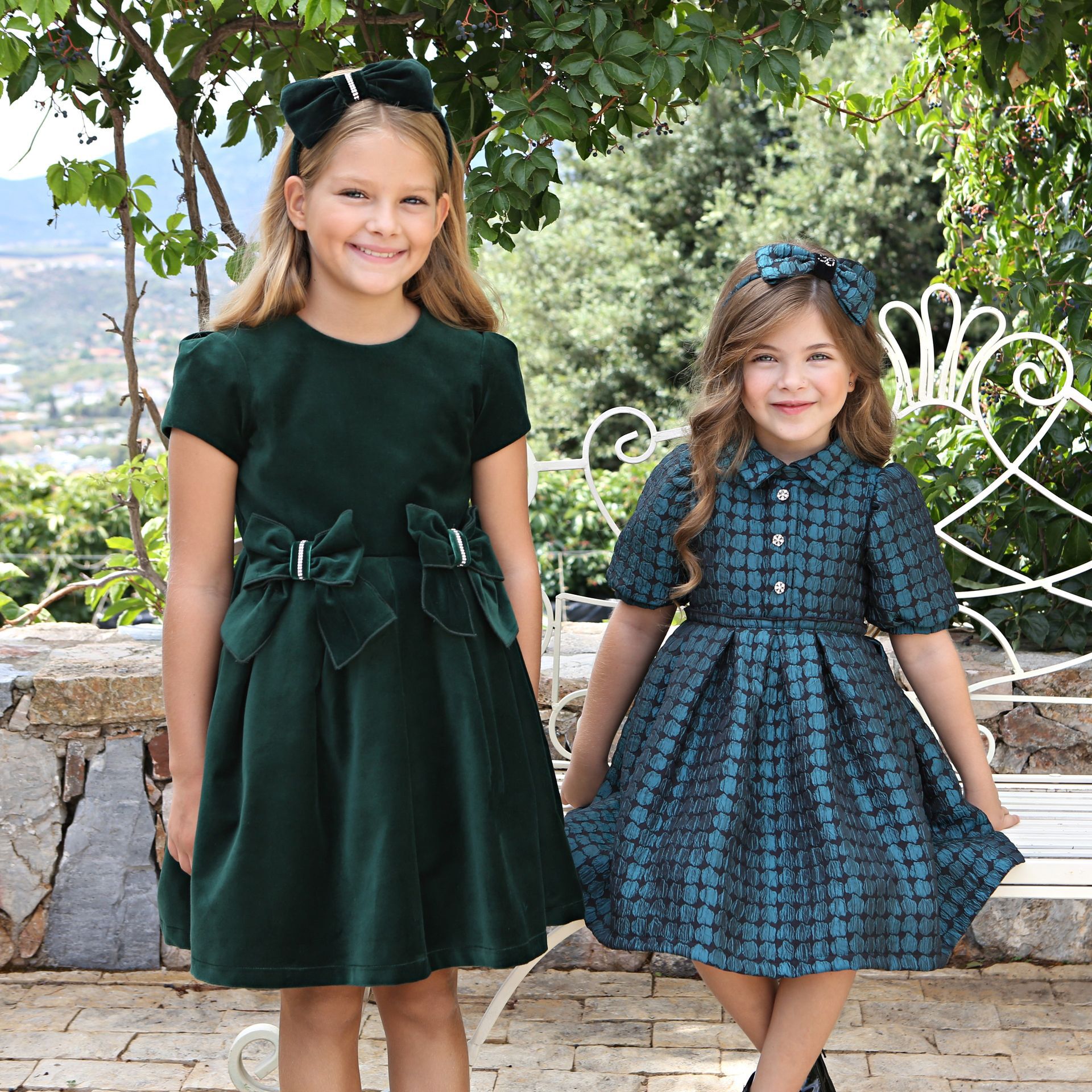 Balloon Chic Girls Green Velvet Bow Dress Junior Couture USA