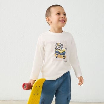 Boys Ivory Cat Long Sleeve Top