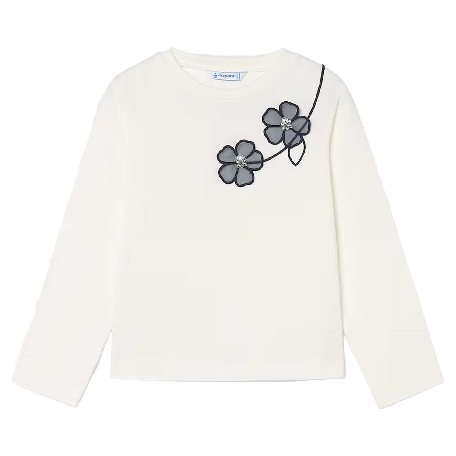 Girls Ivory Embroidered Floral Long Sleeve Top, 5, hi-res