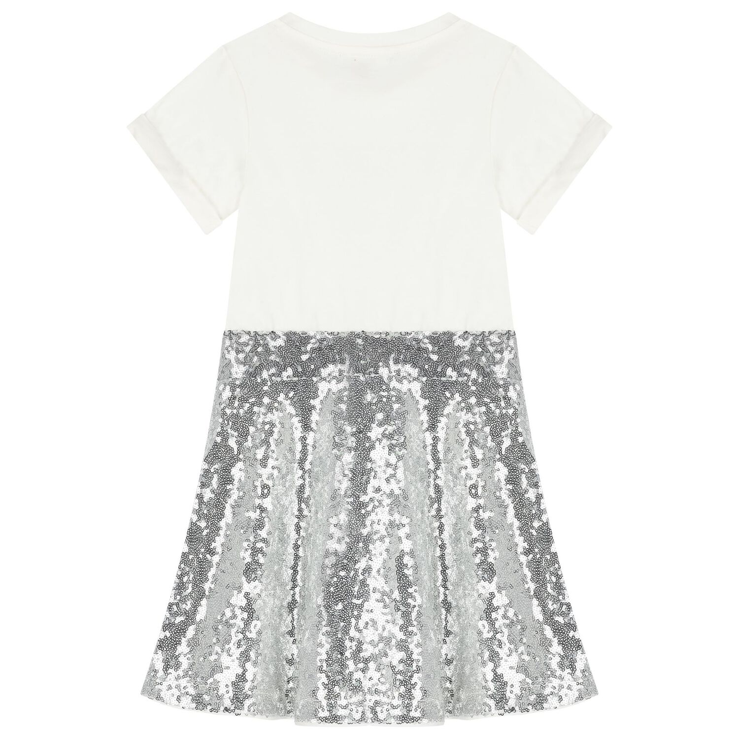 Girls Ivory & Silver Sequin Logo Embellished Dress, 1, hi-res image number null