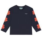 Girls Navy Blue Boke Flower Long Sleeve Top, 1, hi-res
