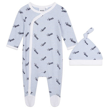 Baby Boys Blue & White Logo Babygrow & Hat Gift Set