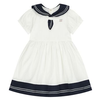 Younger Girls White & Navy Blue Logo Dress
