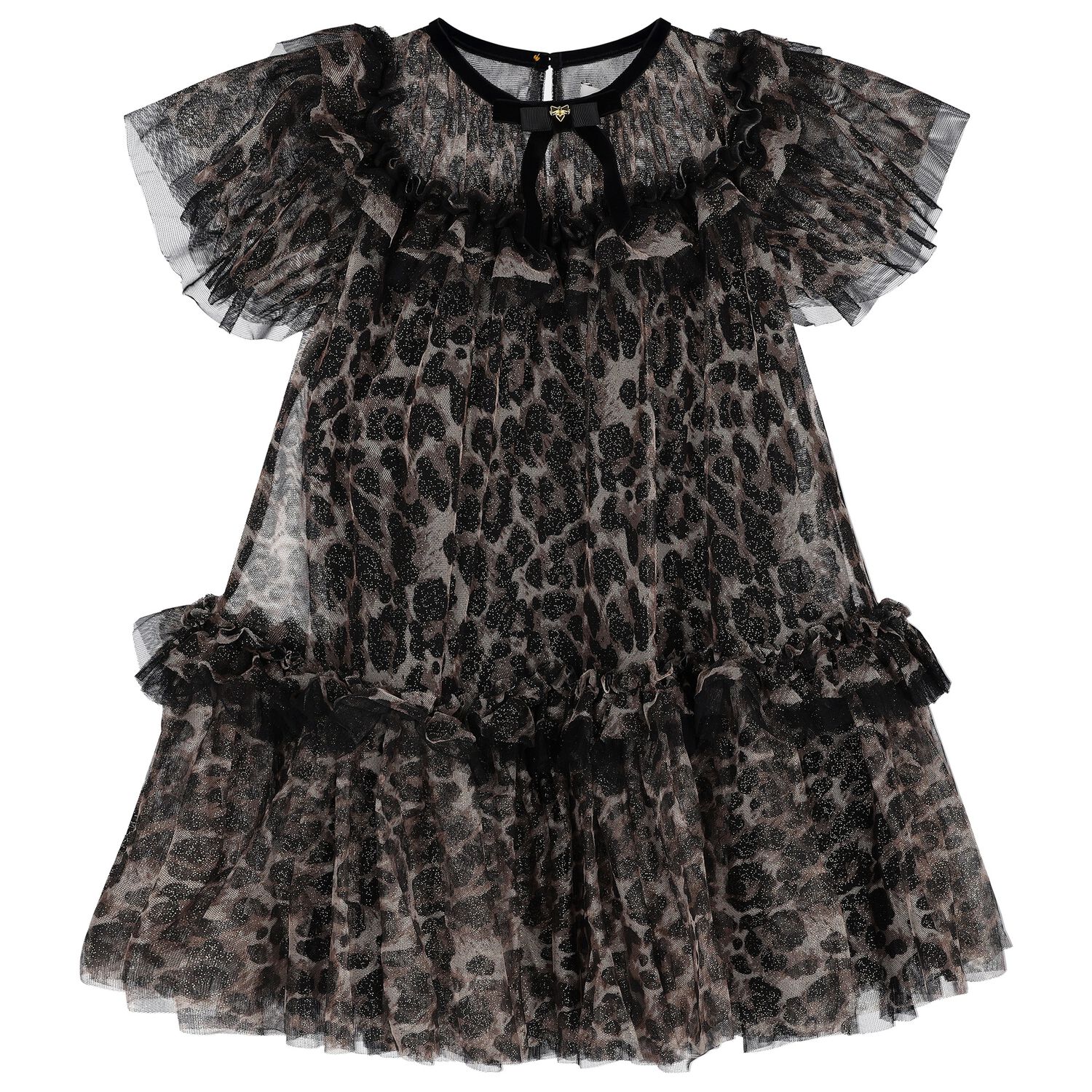 Girls Black & Beige Leopard Tulle Dress, 1, hi-res