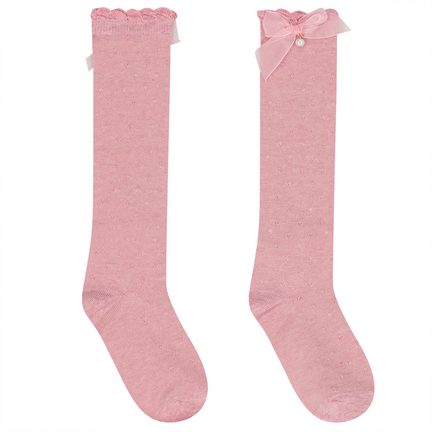 Girls Pink Bow Knitted Socks, 3, hi-res
