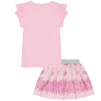 Girls Pink Embellished Flower Skirt Set