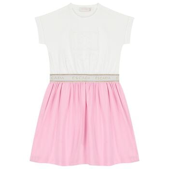 Girls White & Pink Logo Dress