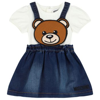 Younger Girls White & Blue Teddy Bear Skirt Set