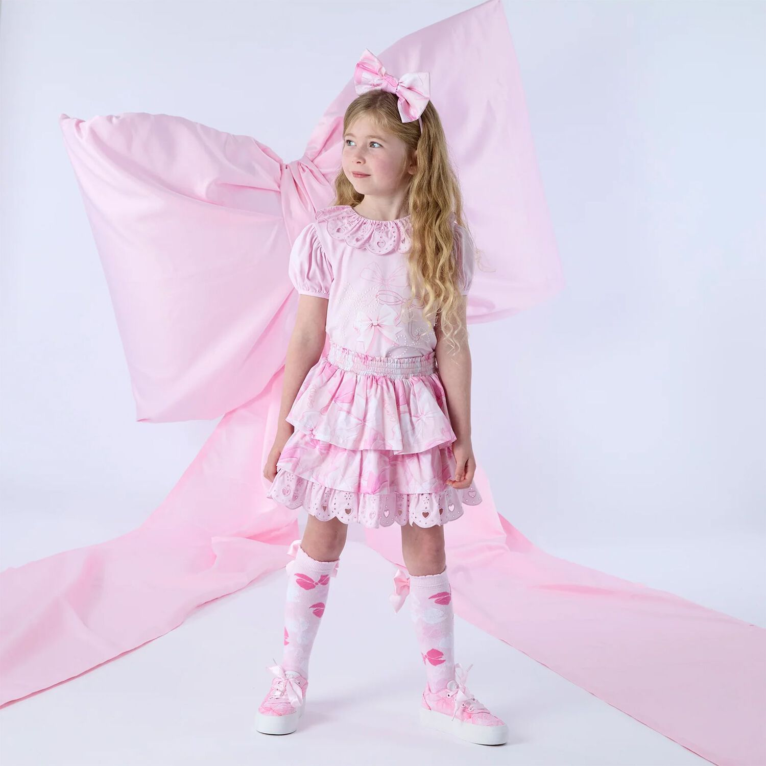 Girls Pink Satin Bow Socks, 1, hi-res