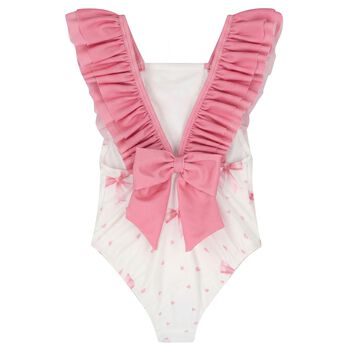 Girls White & Pink Bow Swimsuit