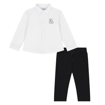 Younger Boys White & Black Logo Trousers Set