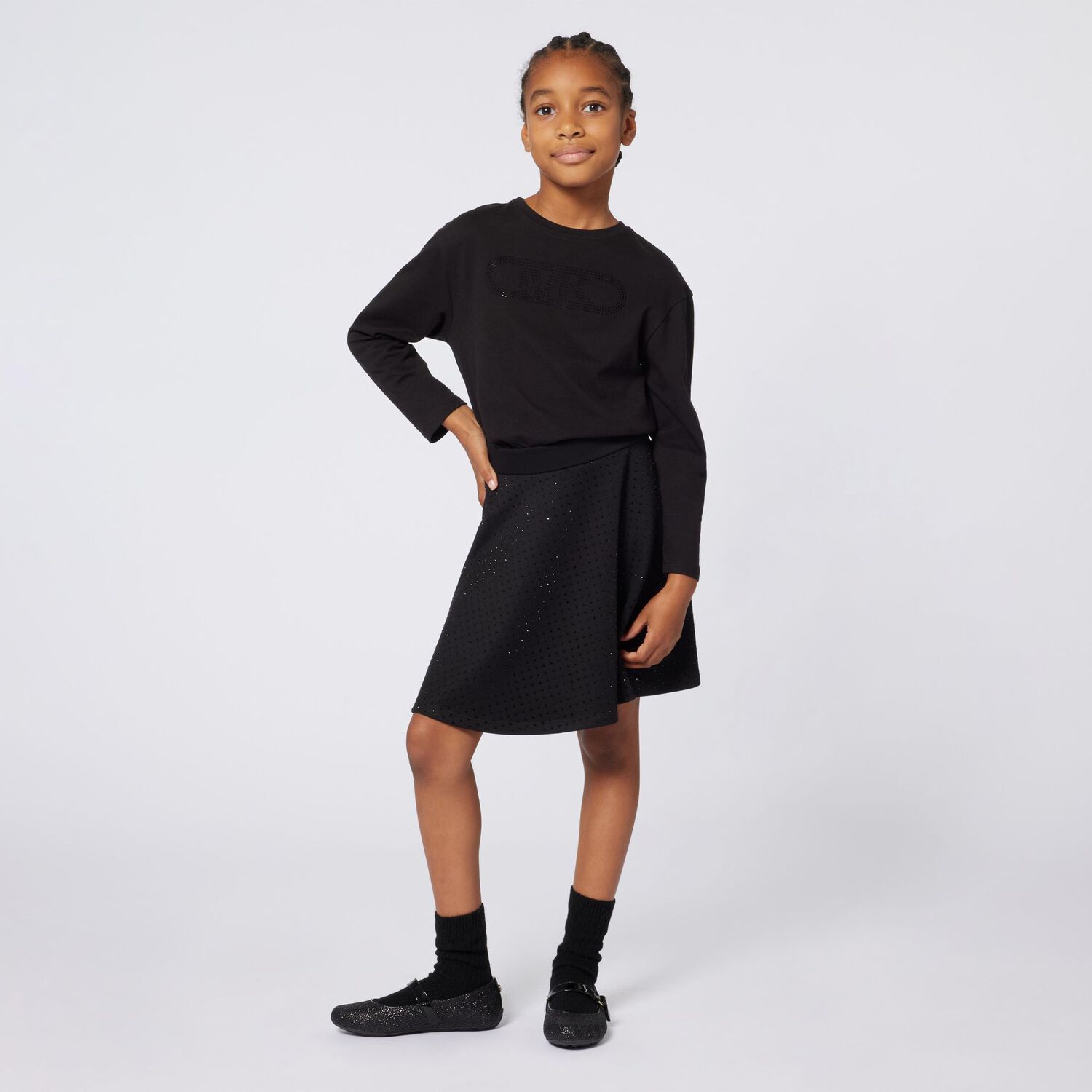 تنورة سوداء مرصعة بأحجار الراين للبنات, 1, hi-res