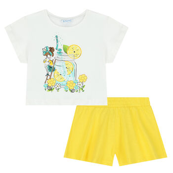 Girls White & Yellow Shorts Set
