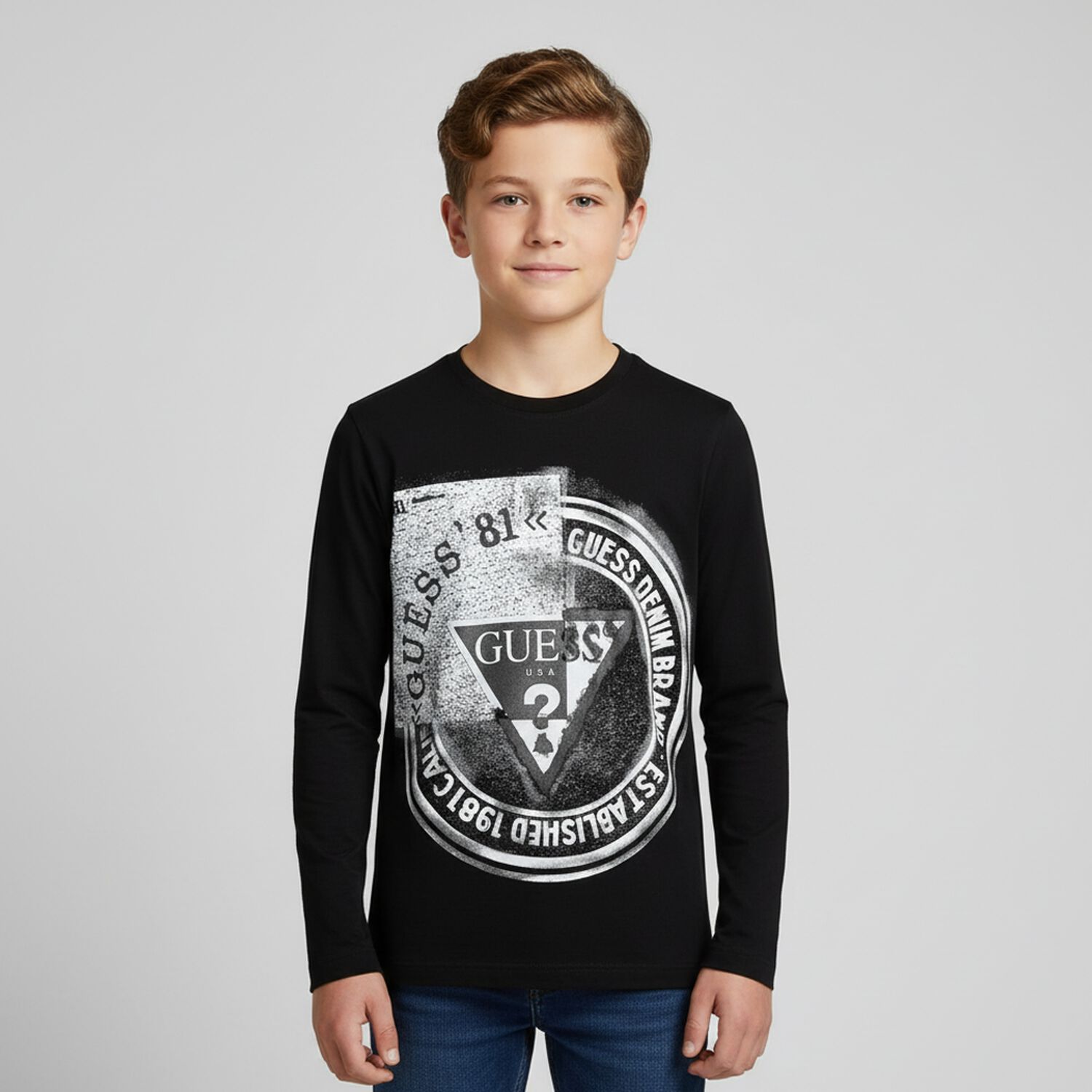 Boys Black Logo Long Sleeve Top, 1, hi-res image number null