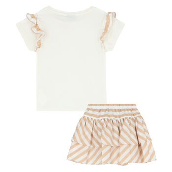 Girls White & Beige Striped Skirt Set
