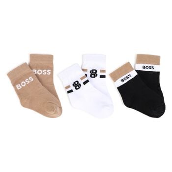 Baby Boys Beige, White & Black Logo Socks ( 3-Pack ) 