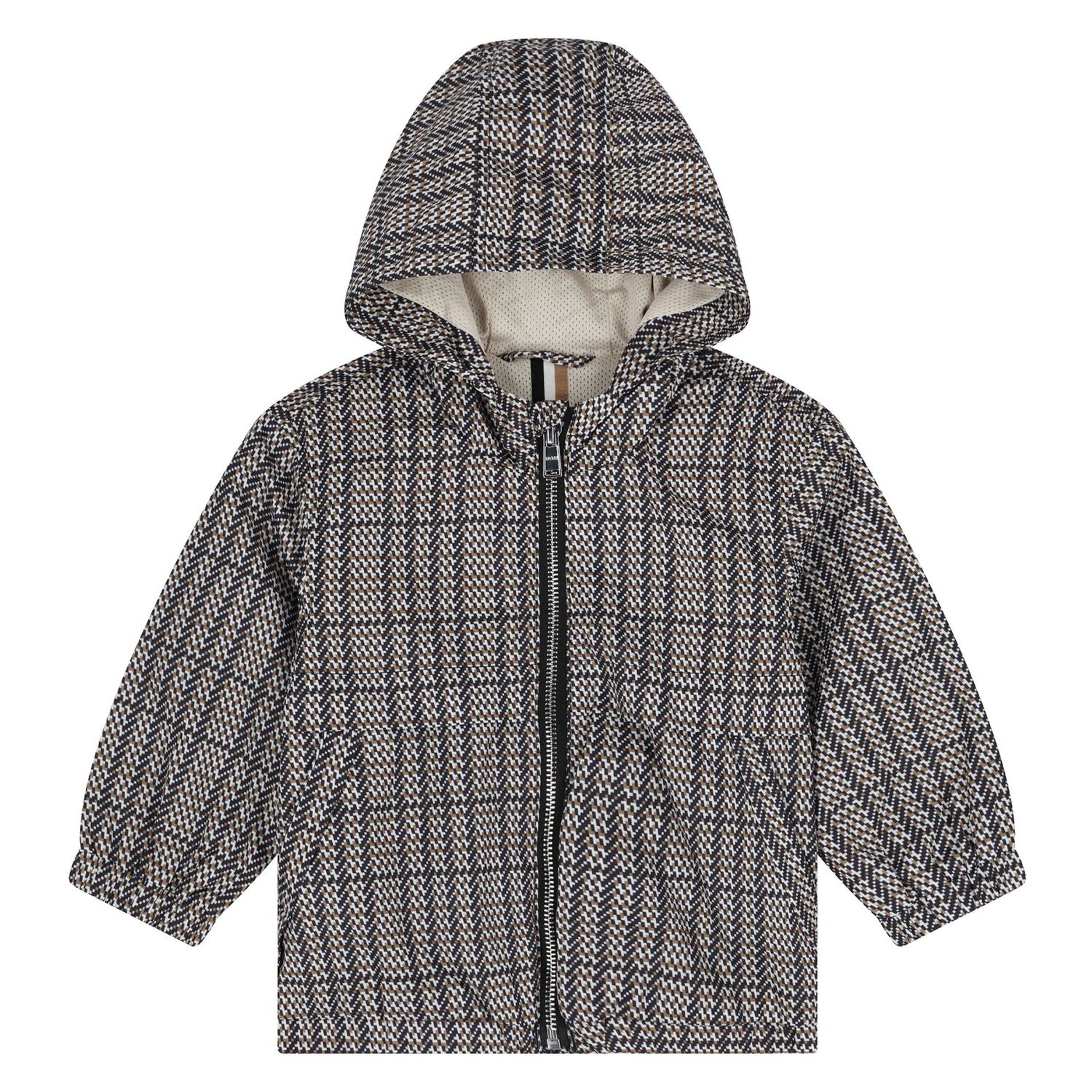 Younger Boys Black, Beige & White Checked Hooded Zip Up Top, 1, hi-res