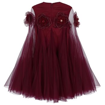 Girls Maroon Flower Cape Tulle Dress