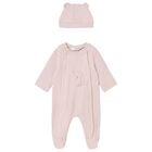 Baby Girls Pink Ribbed Babygrow & Hat Set, 1, hi-res