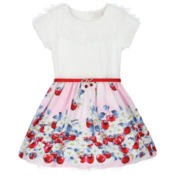 Girls White & Pink Floral Cherry Dress