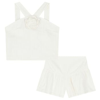 Girls White Flower Shorts Set