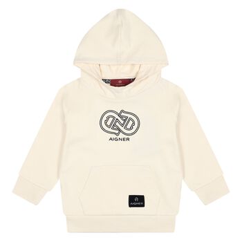 Younger Boys Beige Logo Hooded Top