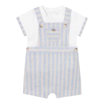 Baby Boys White & Blue Striped Dungaree Set