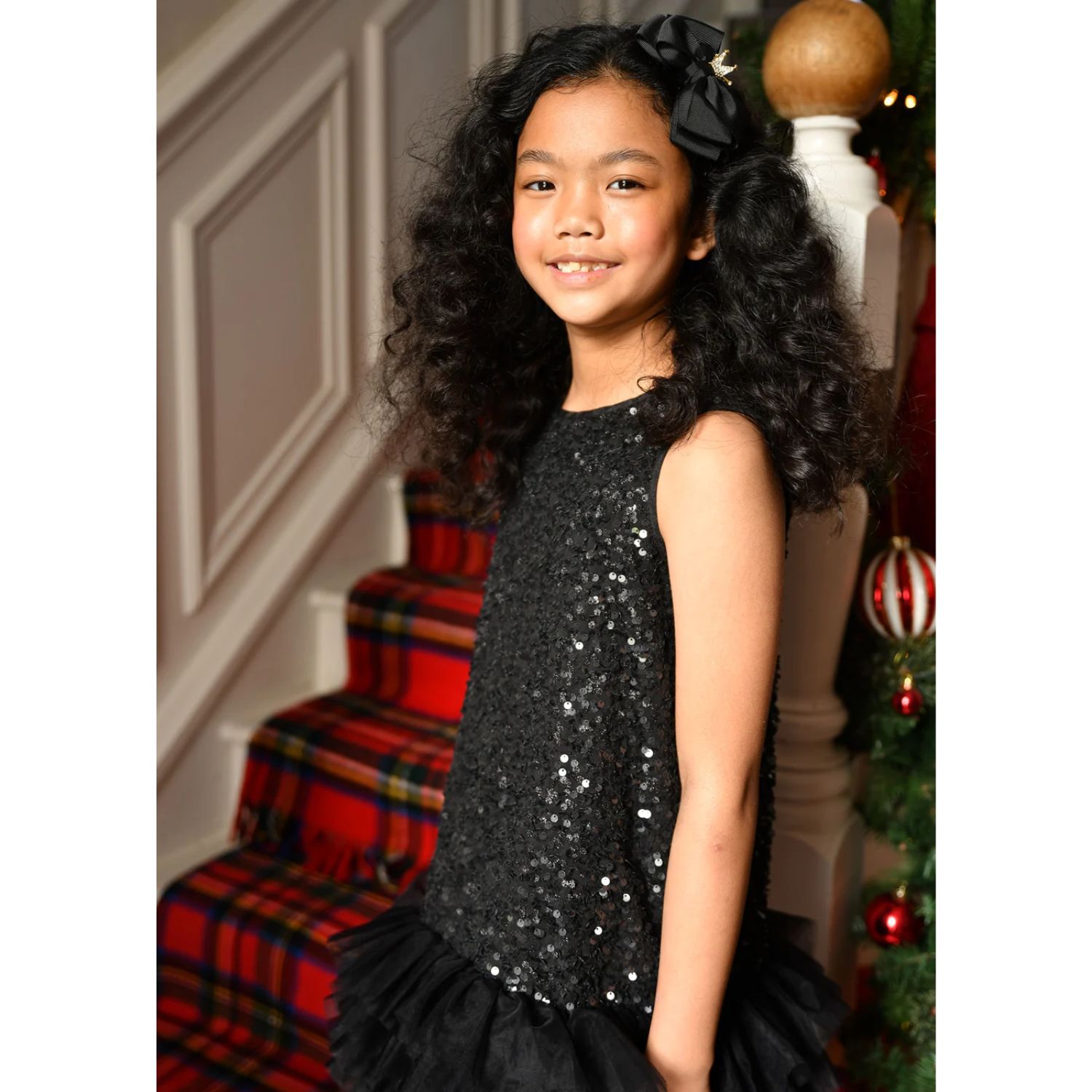 Girls Black Embellished Sequins Tulle Dress, 1, hi-res image number null