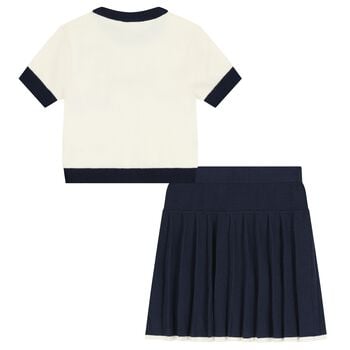 Girls Ivory & Navy Blue Logo Knit Skirt Set