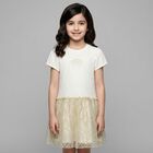 Girls Ivory & Gold Logo Dress, 1, hi-res