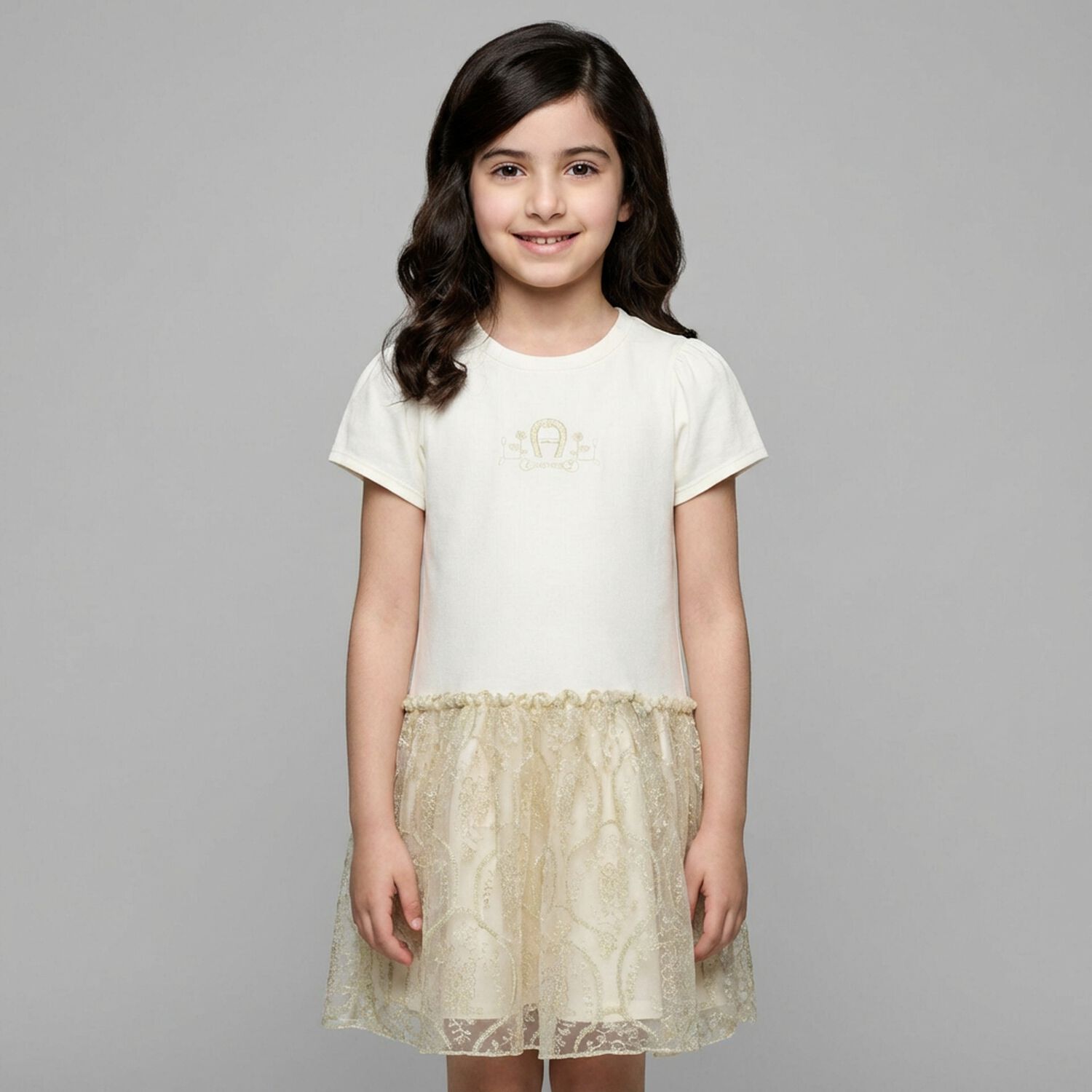 Girls Ivory & Gold Logo Dress, 1, hi-res