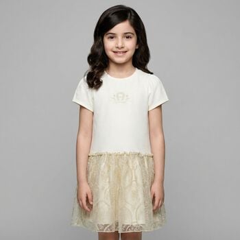 Girls Ivory & Gold Logo Dress
