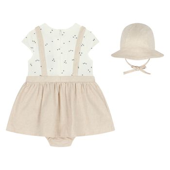 Baby Girls Beige & Ivory Teddy Bear Dungaree Dress Set