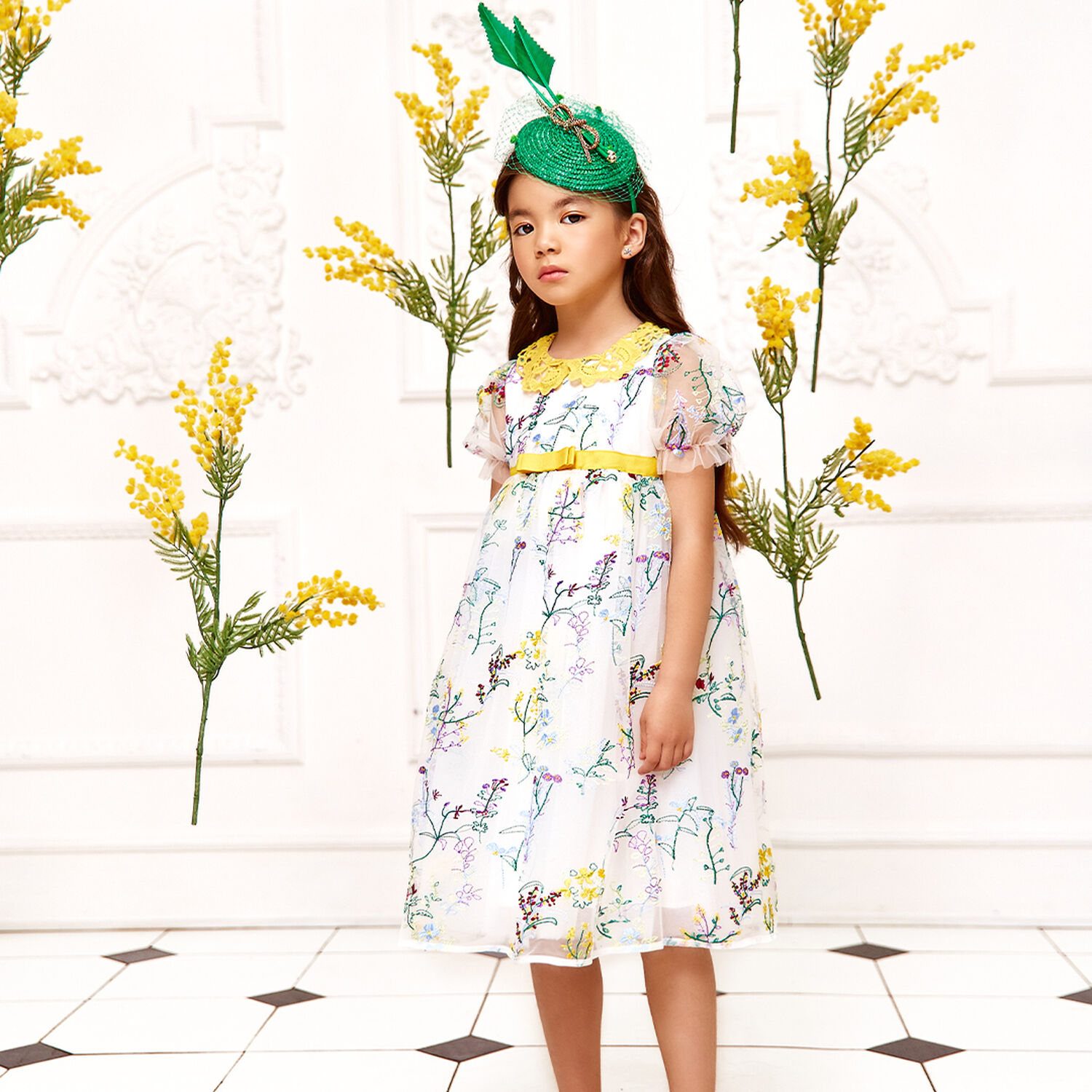 Girls White & Yellow Floral Tulle Dress, 1, hi-res image number null