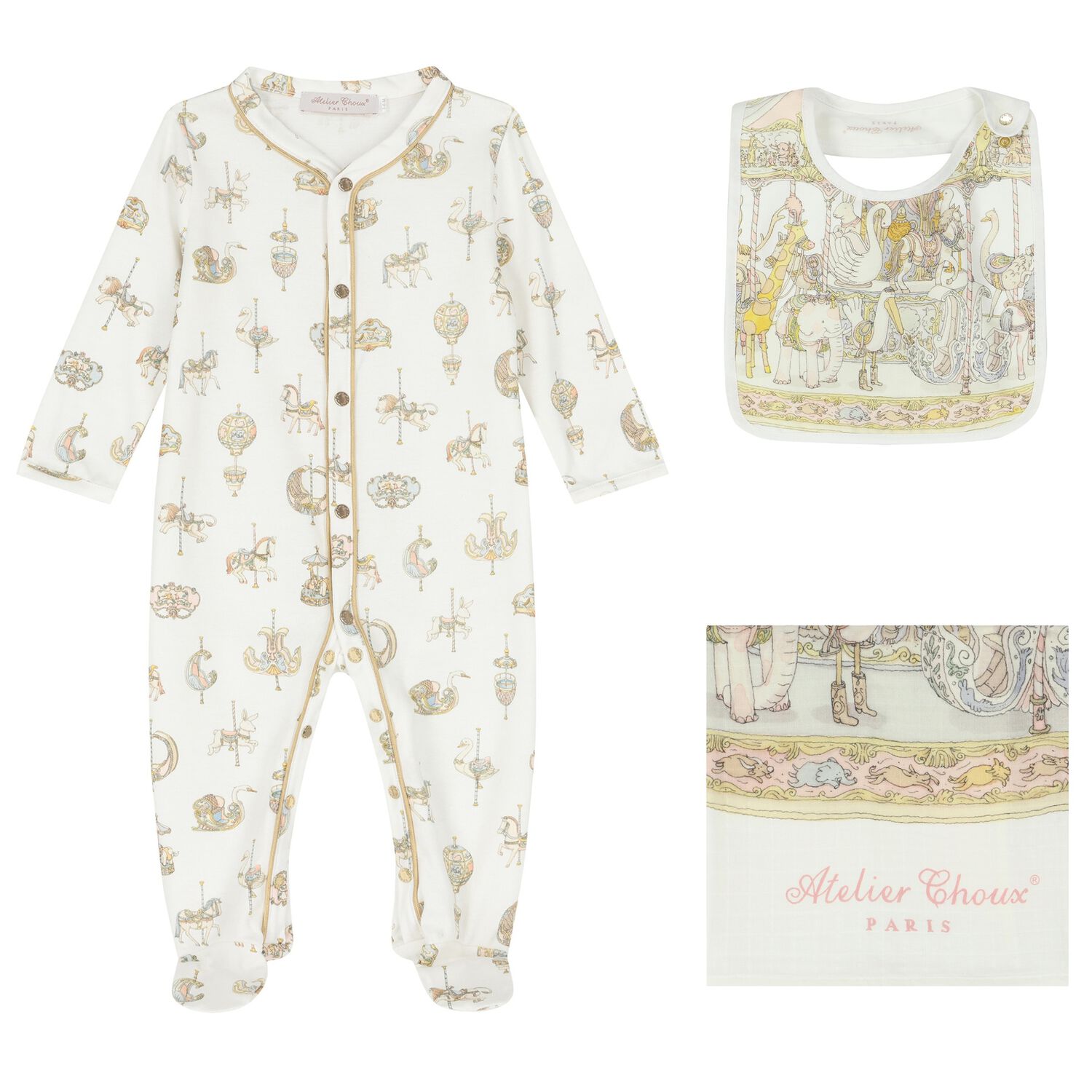 Baby Girls Ivory & Pink Carousel Babygrow Gift Set, 1, hi-res image number null