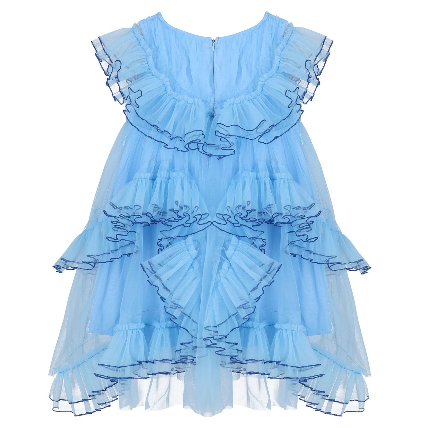 Girls Blue Tulle Ruffle Dress, 1, hi-res