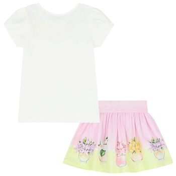 Girls White & Pink Floral Skirt Set