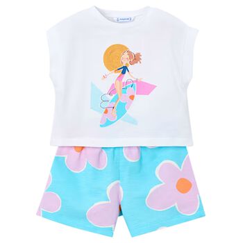 Girls White & Aqua Floral Shorts Set