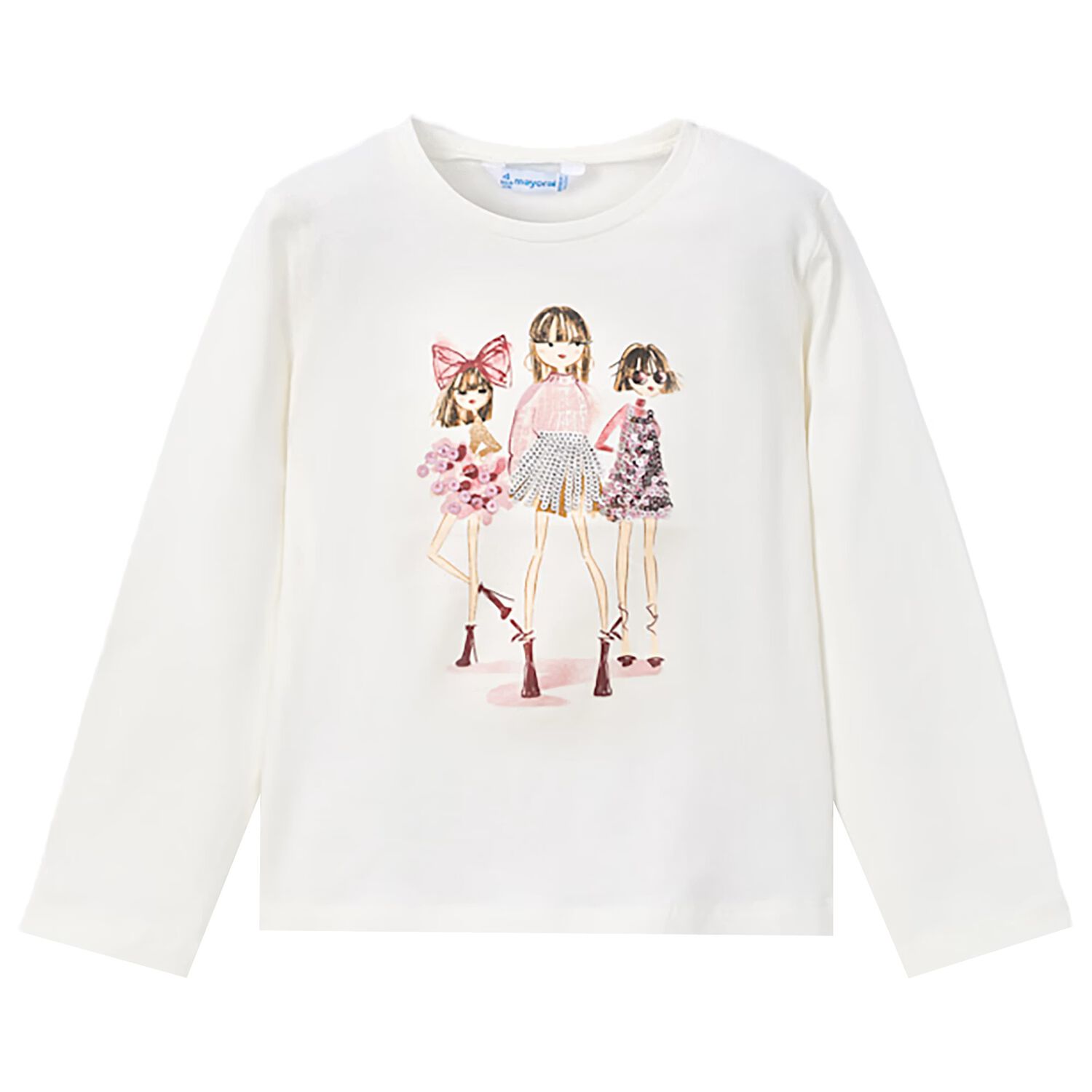 Girls White Dolls Long Sleeve Top, 3, hi-res