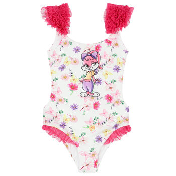 Girls White Floral & Bunny Swimsuit