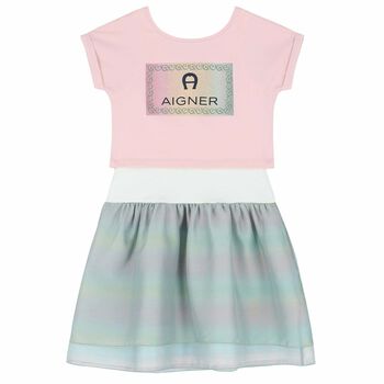 Girls Pink, White & Green Logo Dress Set