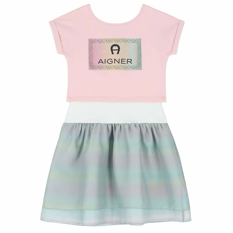 Girls Pink, White & Green Logo Dress Set, 2, hi-res image number null