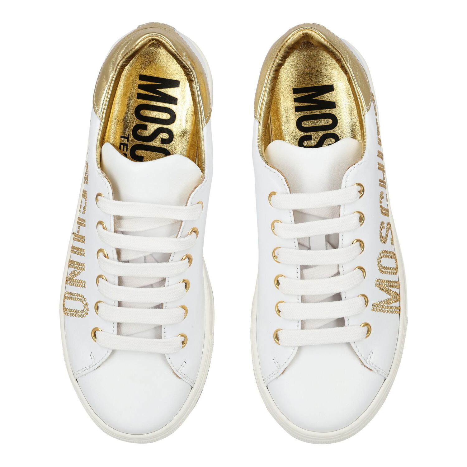 Girls White & Gold Logo Trainers, 1, hi-res