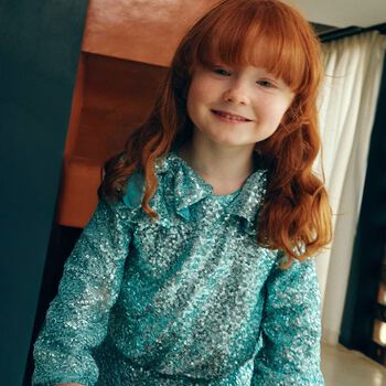 Girls Aqua Embellished Sequin Skirt Set 