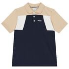 Boys Navy Blue & Beige Polo Shirt, 1, hi-res