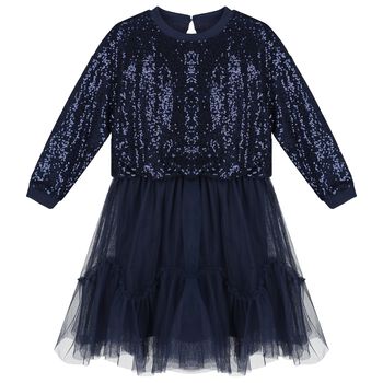 Girls Navy Blue Embellished Tulle Dress